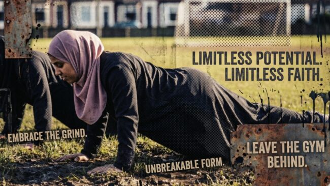 Two Muslim women do press-ups during an exercise session in their local park