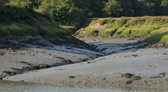 A muddy inland estuary at low tide