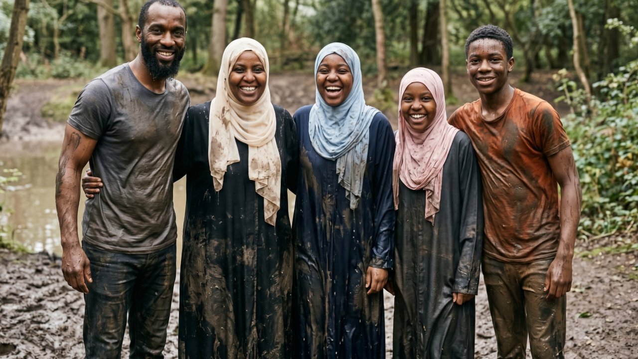 A Muslim family have fun taking part in a muddy challenge together.