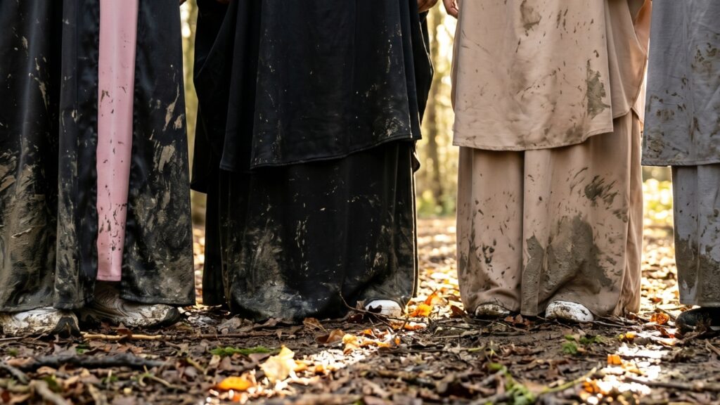 A group of muddy Muslim women rest in woodland during their Trials & Tribulations challenge