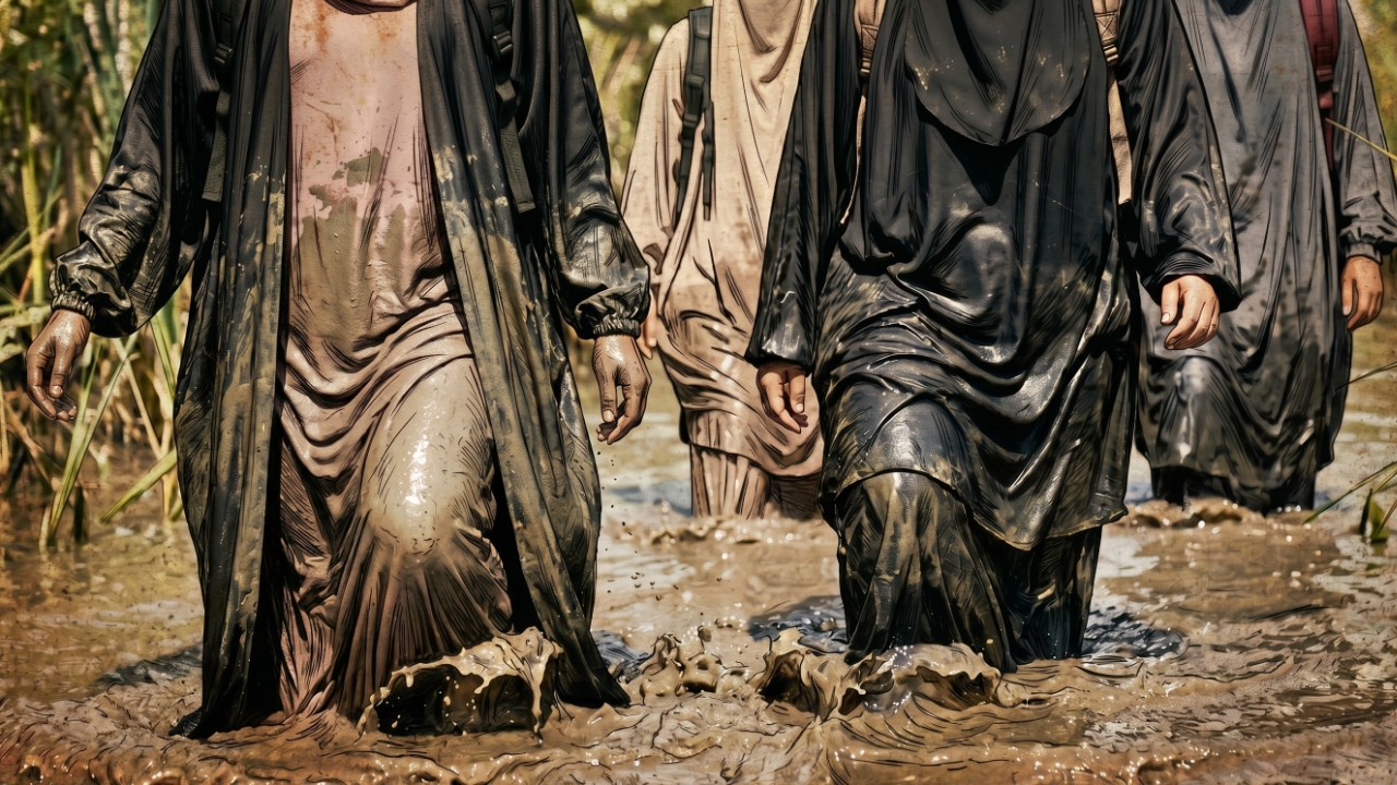 Digital artwork showing a group of Muslim women wading through muddy water on a fundraising challenge