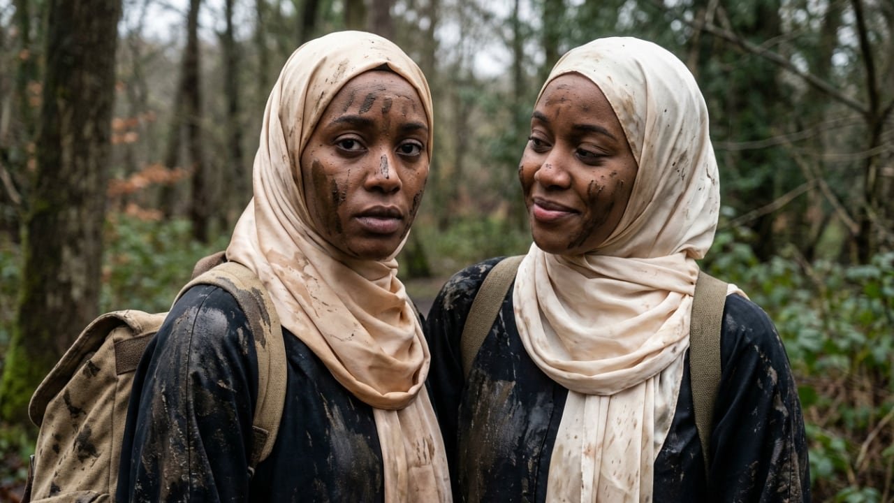 A Muslim woman in a gold hijab overwhelmed by her challenge is supported by her friend.