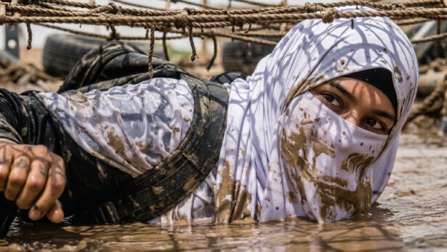 A young Muslim woman crawls under cargo netting during their Trials & Tribulations challenge.