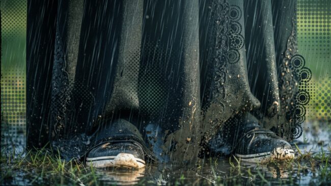 A Muslim woman stands are saturated grass in the park just after rain