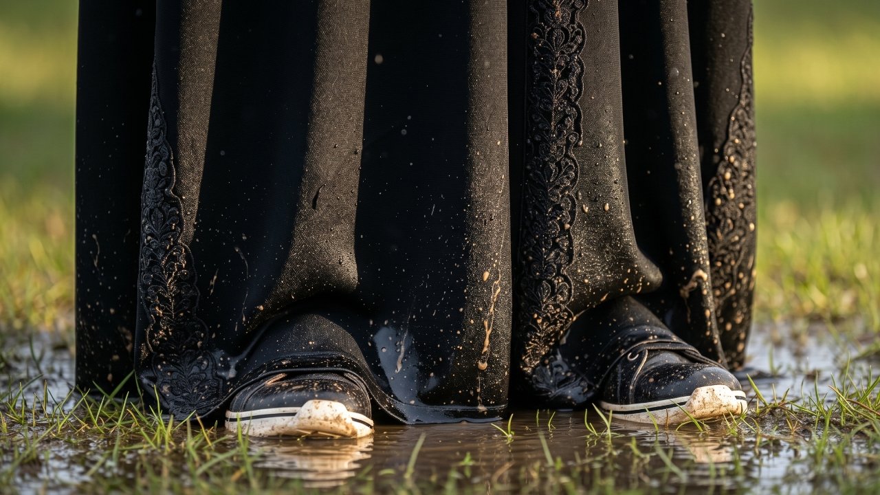 A Muslim woman stands in the park after a rain shower.