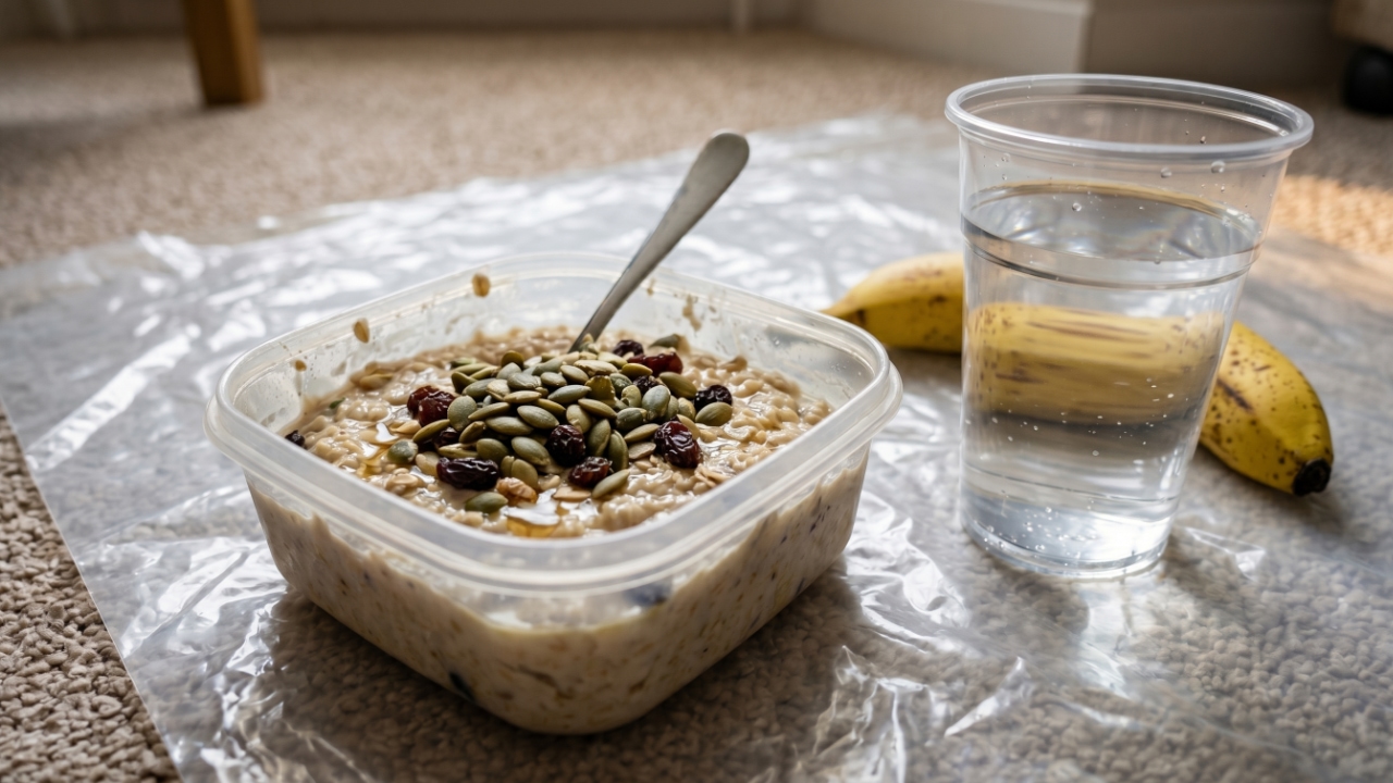 A plastic container filled with pre-prepared porridge topped with pumkin seeds and raisins