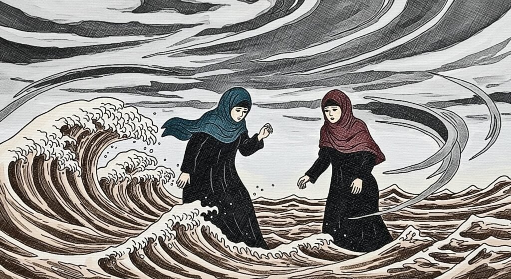Artwork depicting Muslim women caught up in flooding during a natural disaster