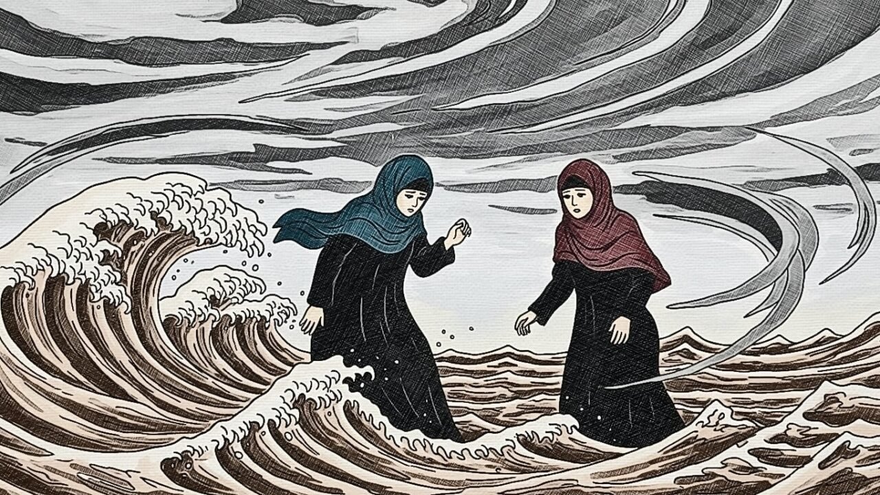 Artwork depicting Muslim women caught up in flooding during a natural disaster