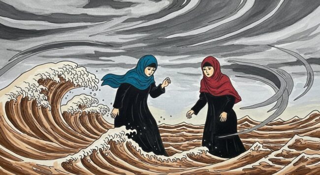 Artwork depicting Muslim women displaced from their homes by natural disaster
