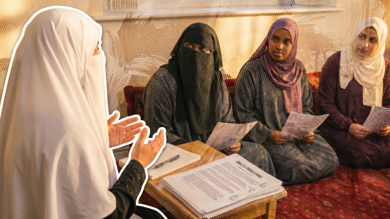 A group of Muslim women listen to a leader inviting them to participate in the Trials & Tribulations challenge
