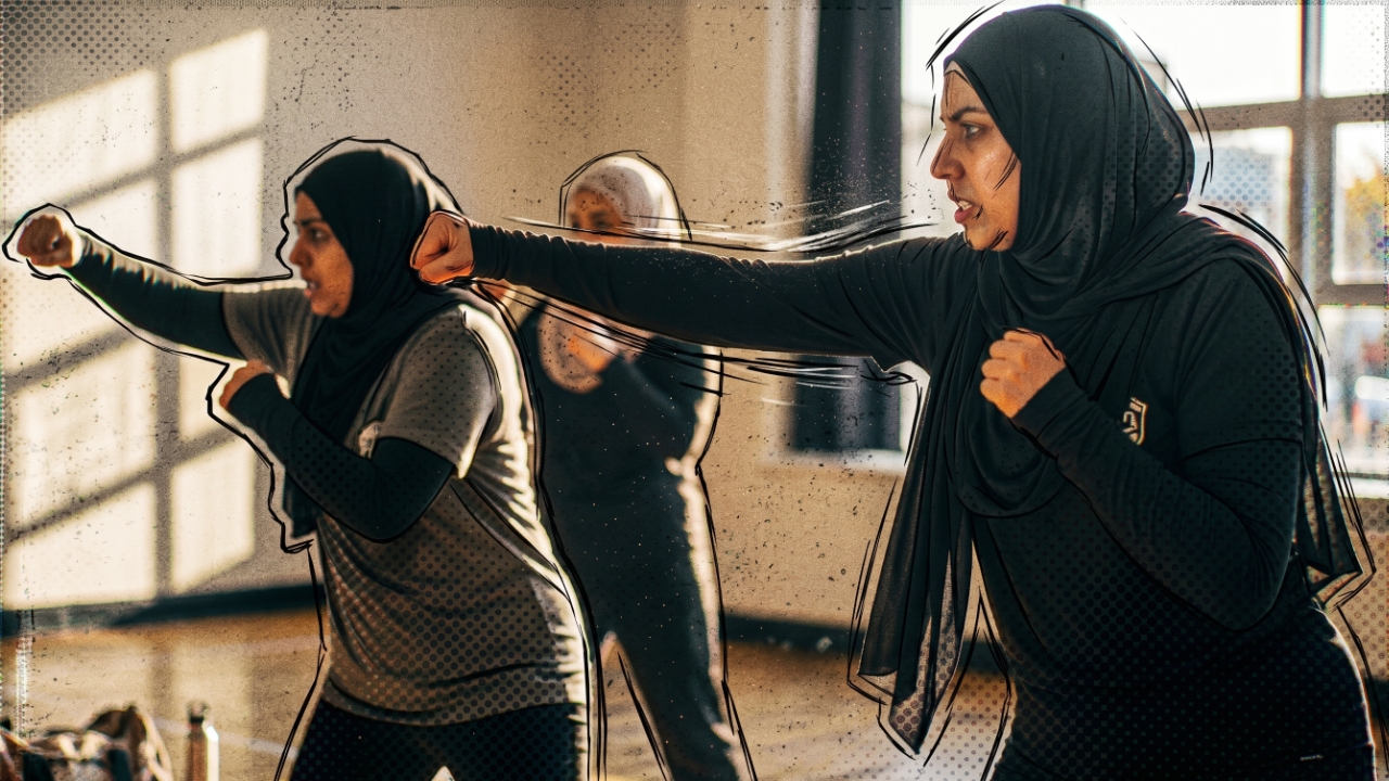 A group of Muslim mums take part in a boxercise session at their local community centre