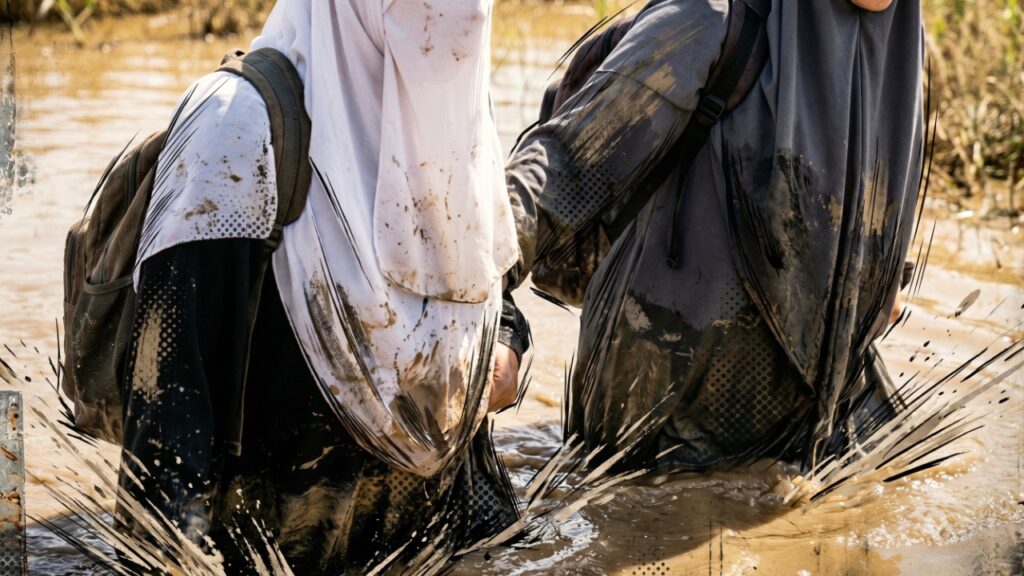 A group of Muslim women wade through muddy water during their Trials & Tribulations challenge.