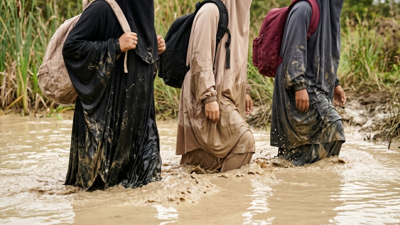 A group of modest Muslim women wade through muddy water during their challenge.