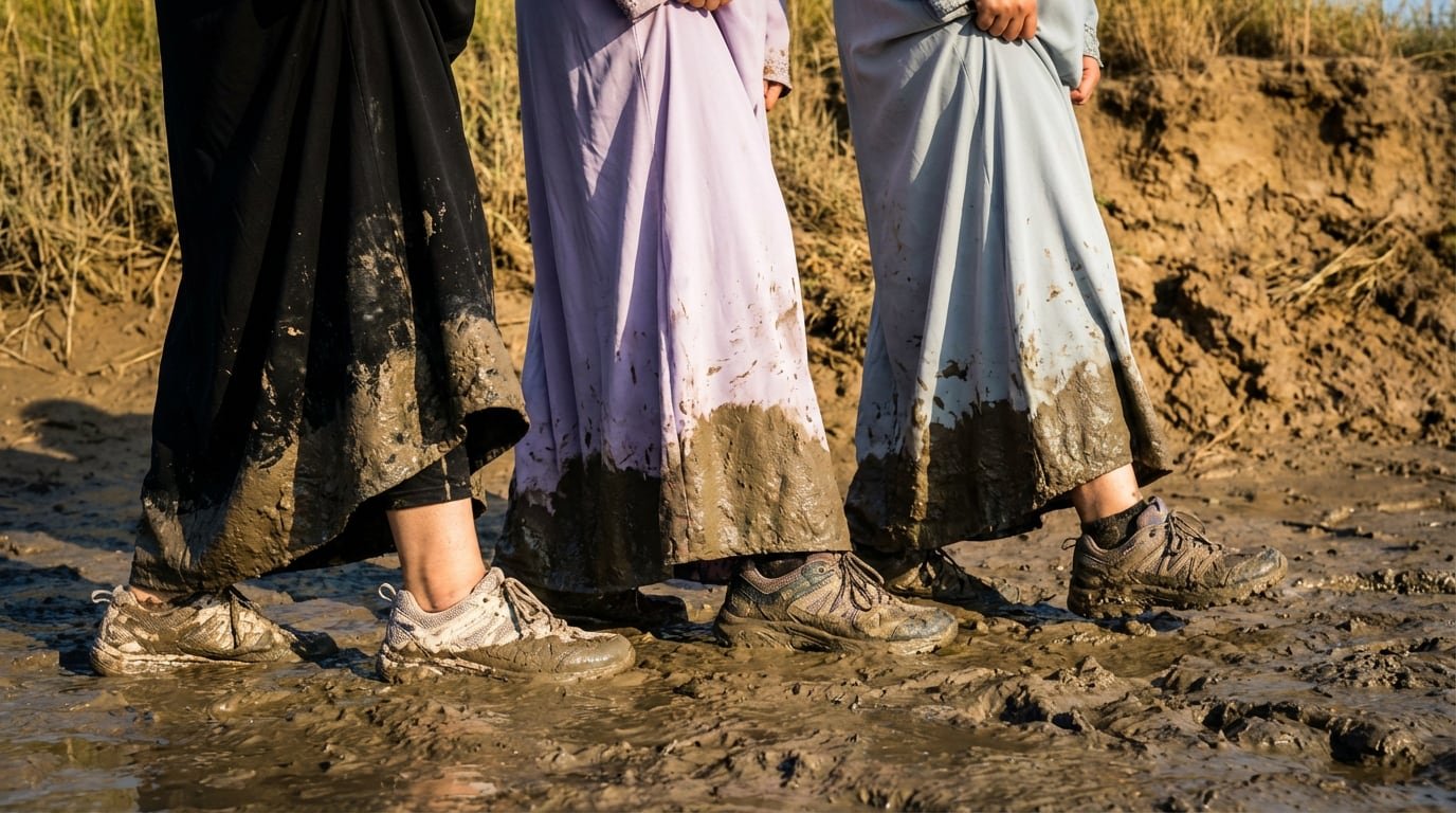 A group of Muslim women lift their abaya hems as they trudge through thick wet mud during their fundraising challenge.