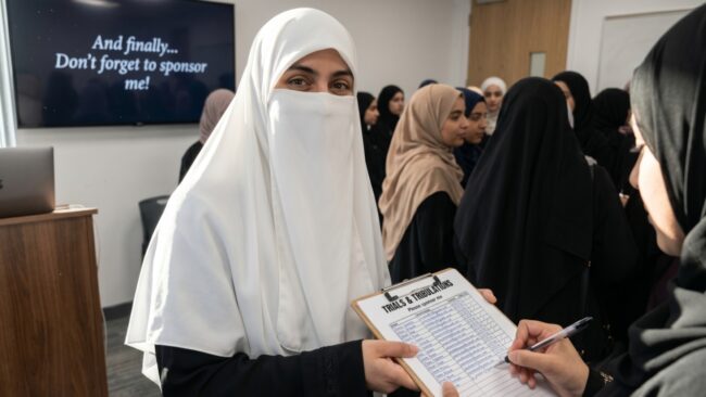 An alimah collects sponsorship pledges from her students ahead of her Trials & Tribulations challenge
