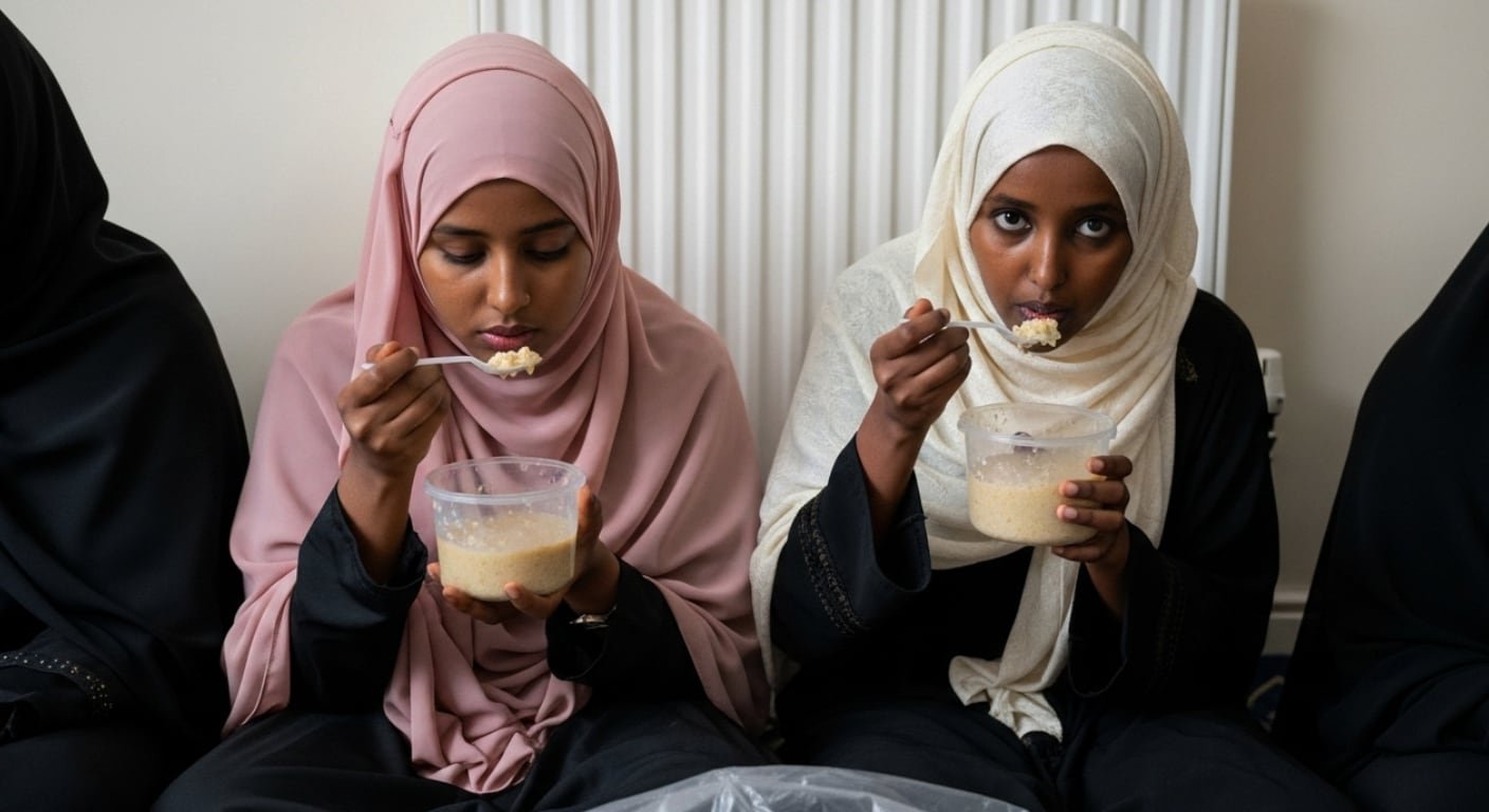 A group of Muslim women eat a simple early morning sahoor.