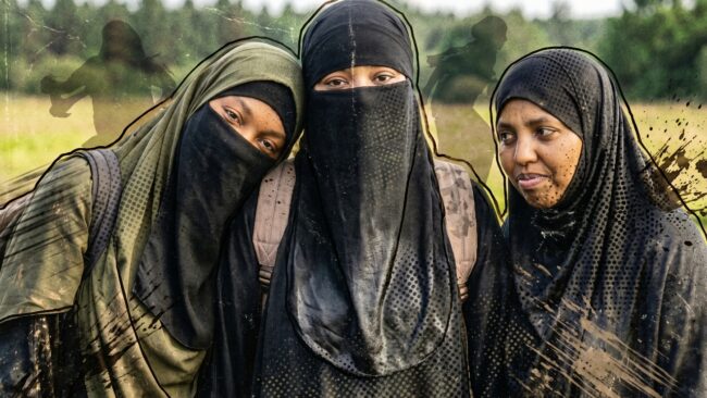 Three Muslim women pose for the camera during their challenge