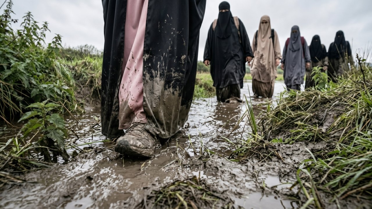A group of Muslim women wearing abaya trudge along a muddy path during their challenge.