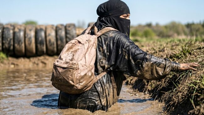 A Muslim woman wades through muddy water during their Trials & Tribulations challenge.