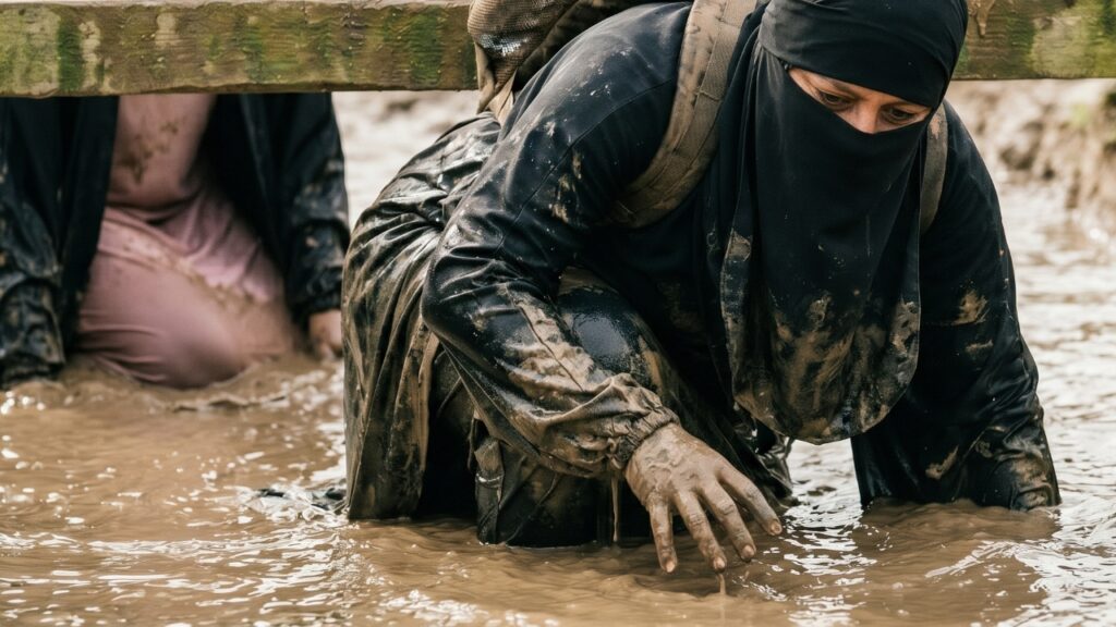 A Muslim woman crawls under a wooden beam through muddy water during her Trials & Tribulations challenge.