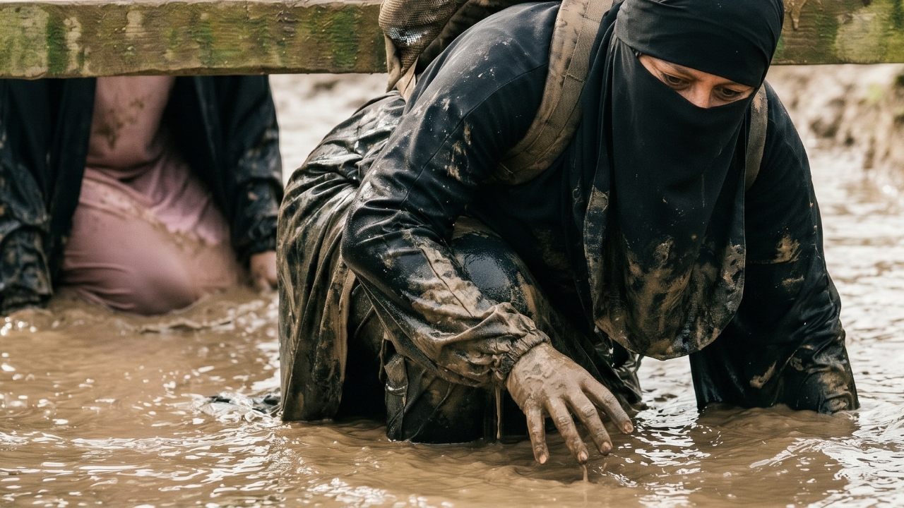 A Muslim woman crawls under a wooden beam through muddy water during her Trials & Tribulations challenge.