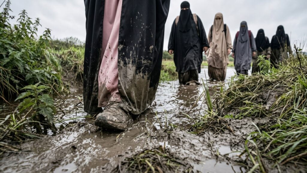 A group of Muslim women trek along a muddy path during their Trials & Tribulations challenge.
