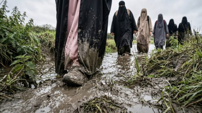 A group of Muslim women trek along a muddy path during their Trials & Tribulations challenge.