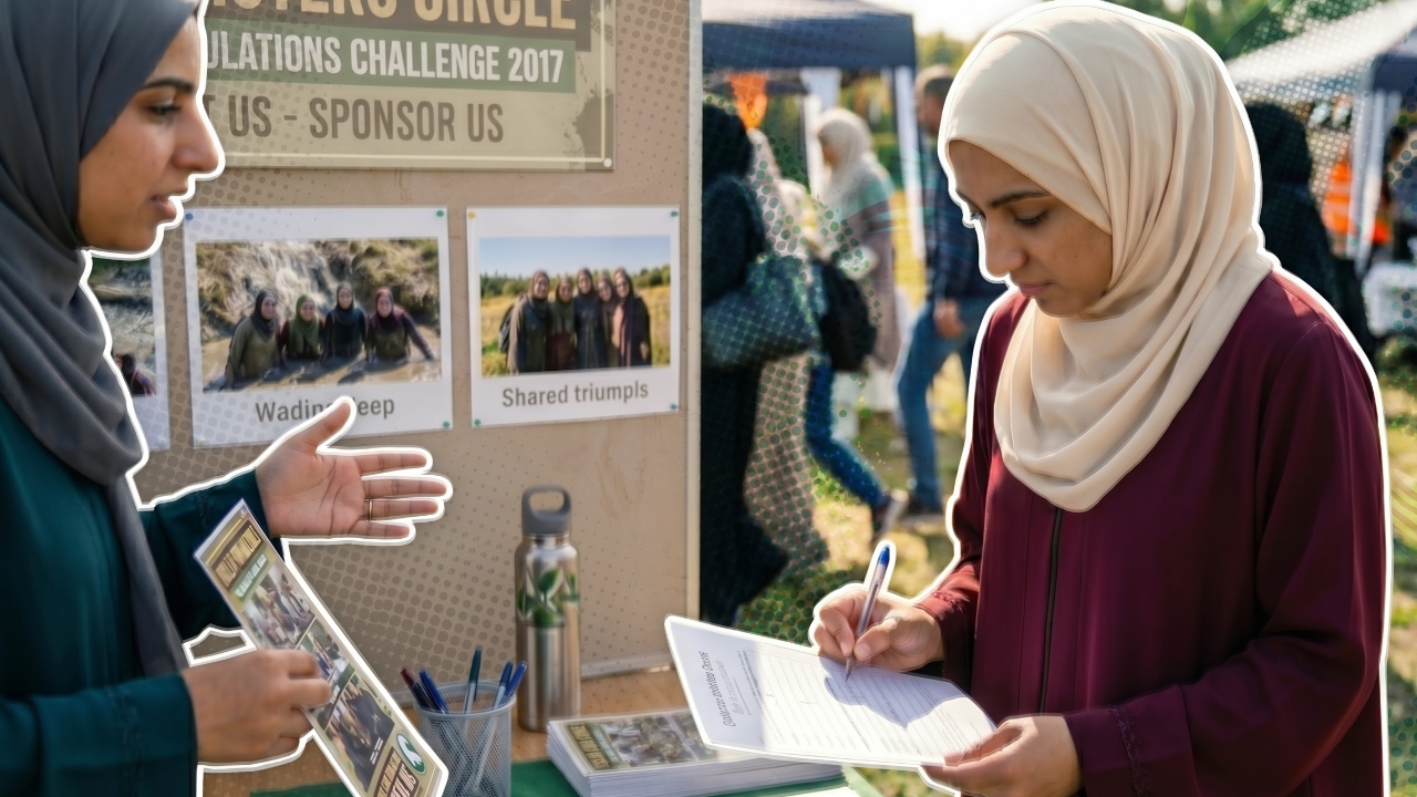 A muslim woman making a pledge to sponsor participants taking part in the Trials & Tribulation challenge.
