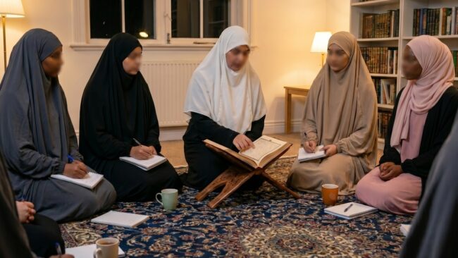 A group of Muslim women take part in the a warm gathering.