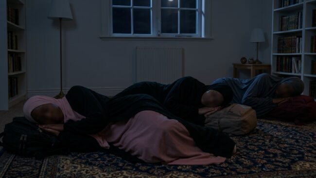 A group of Muslim women sleep on the floor during their Trials & Tribulations challenge
