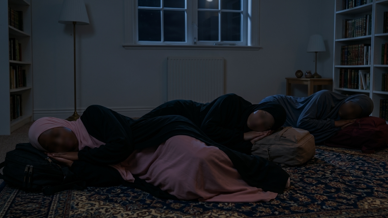 A group of Muslim women sleep on the floor during their Trials & Tribulations challenge