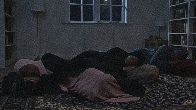 Artwork depicting a group of Muslim women sleeping on the floor with only their bags as pillows