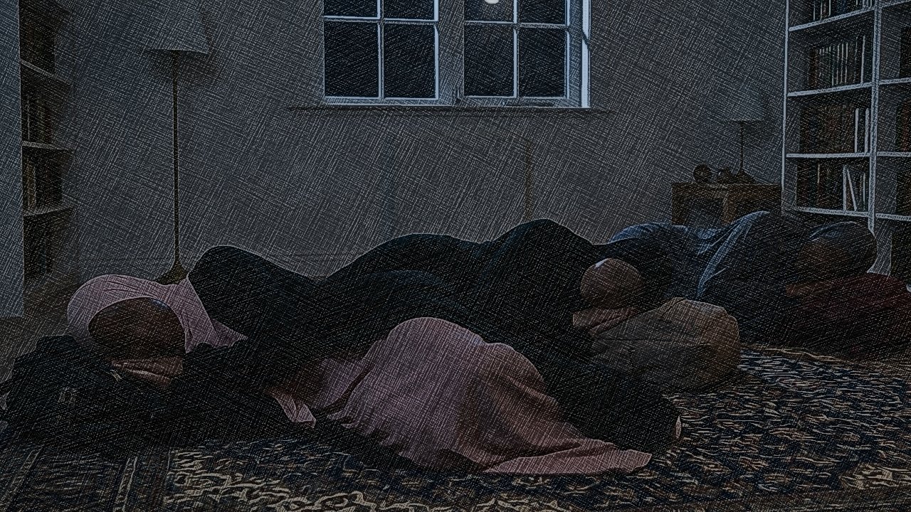 Artwork depicting a group of Muslim women sleeping on the floor with only their bags as pillows