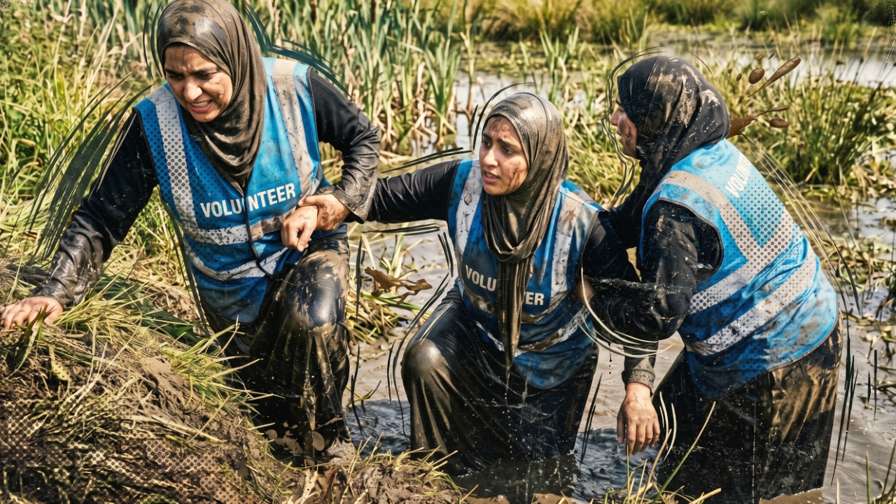A group of Muslim charity volunteers help each other climb up a muddy bank from a deep marsh during a fundraising challenge.