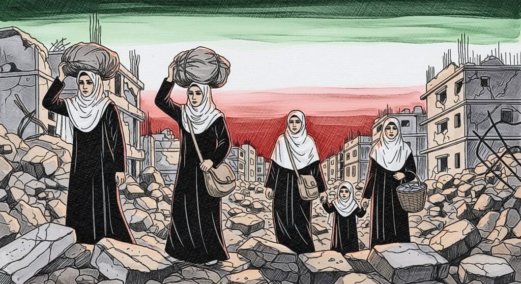 Artwork depicting refugee women fleeing in a war torn landscape