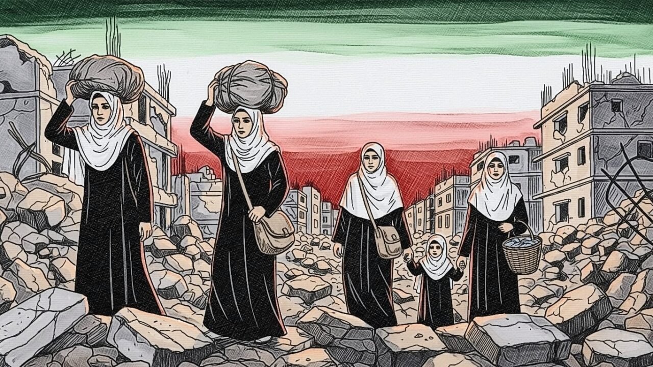 Artwork depicting refugee women fleeing in a war torn landscape