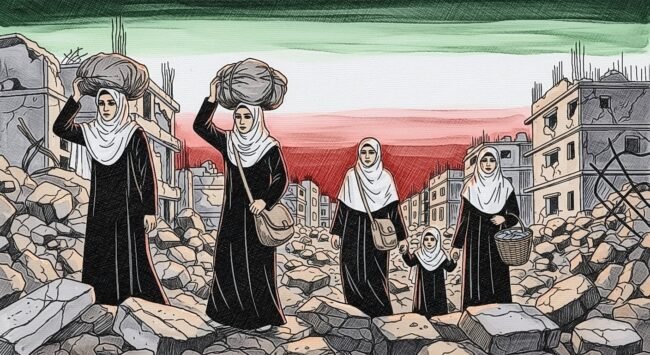Artwork depicting refugee women fleeing in a war torn landscape