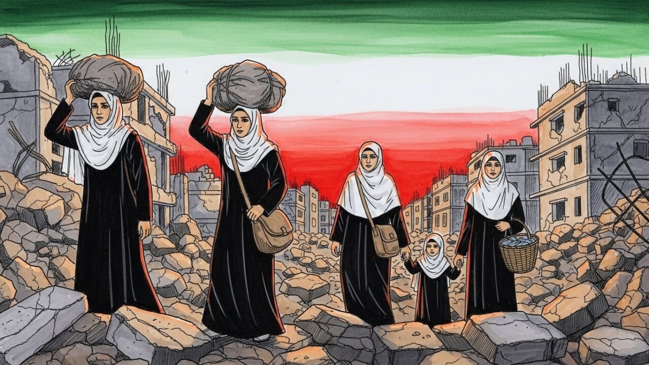 Artwork depicting refugees women displaced from their homes by war