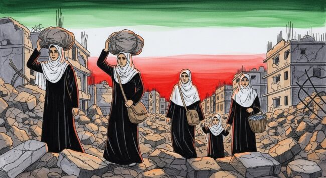 Artwork depicting refugees women displaced from their homes by war