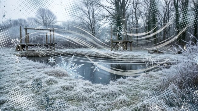 An illustration of a frozen assault course obstacle in the middle of winter
