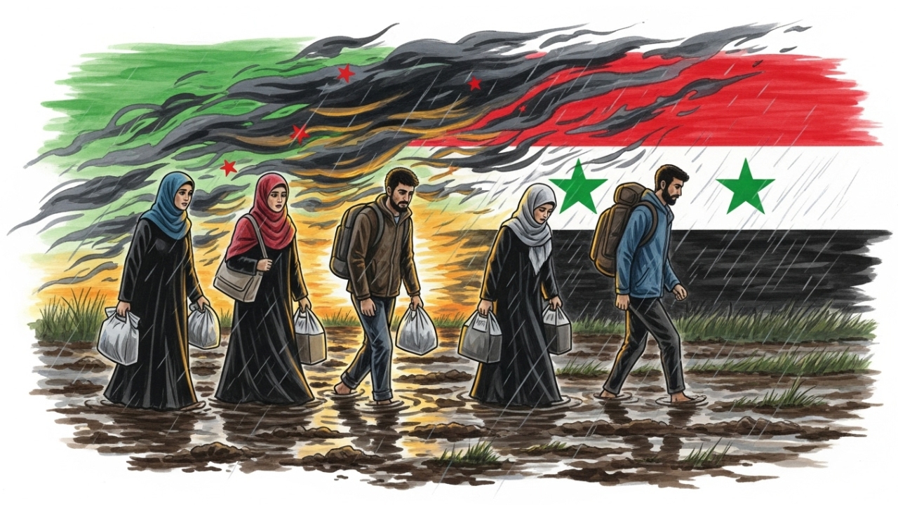 An illustration showing refugees trekking across a forbidding landscape