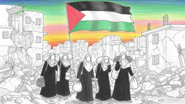 An illustration depicting Muslim women seeking refuge amidst the rubble of urban conflict
