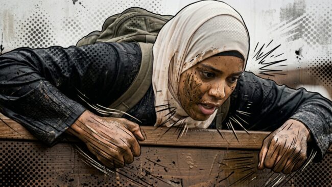 A Muslim woman climbs a tall wall obstacle during the Trials & Tribulations challenge