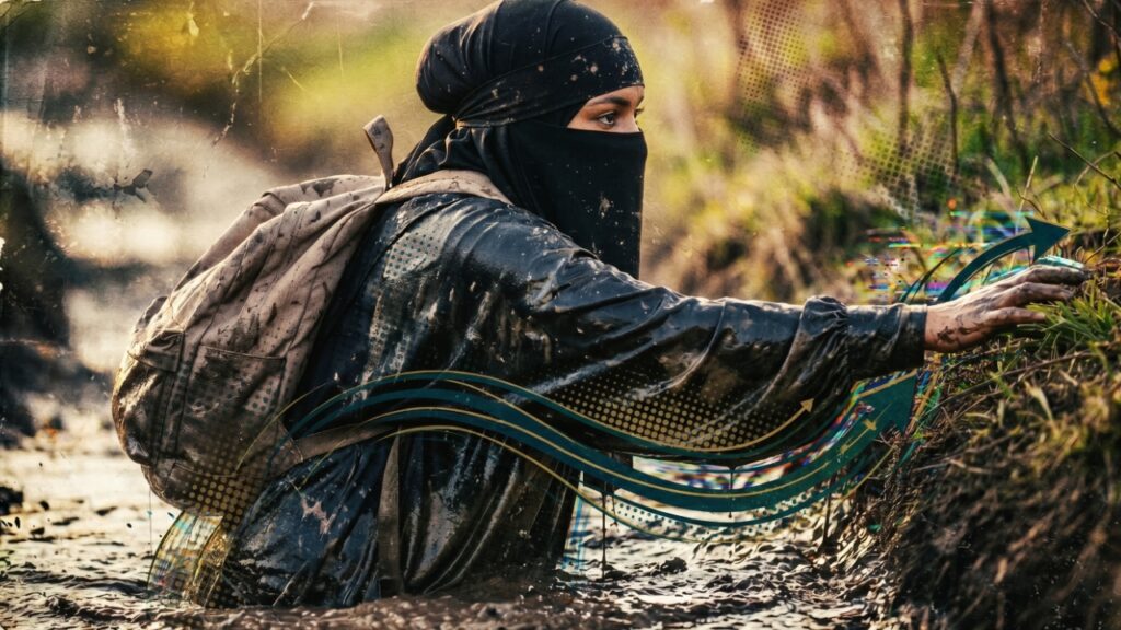 A Muslim woman wades through muddy water during their Trials & Tribulations challenge.