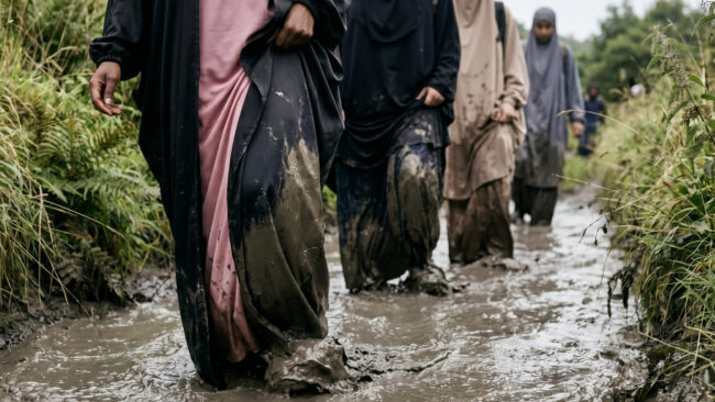 A group of Muslim women trek through muddy water during their Trials & Tribulations challenge.