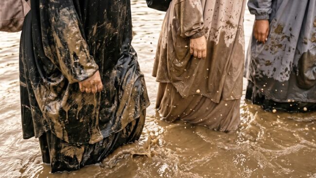 A group of Muslim women wade through muddy water during their Trials & Tribulations challenge.