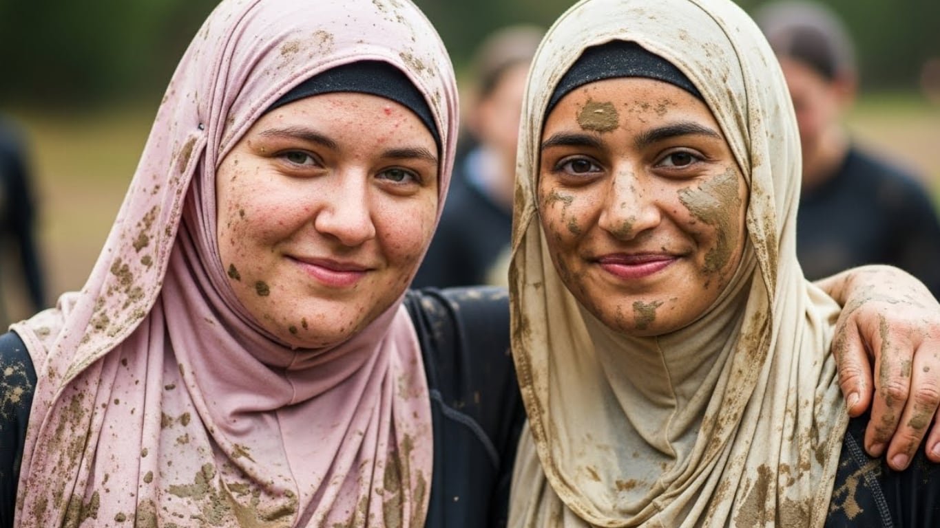 Two Muslim friends pose for the camera during their muddy fundraising challenge.