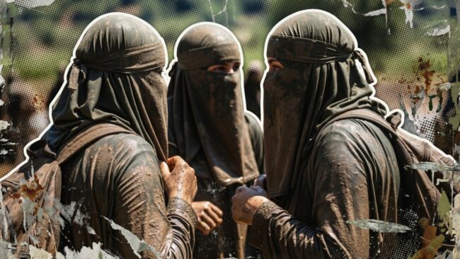 A group of muddy Muslim women take stock ahead of their next obstacle during their challenge