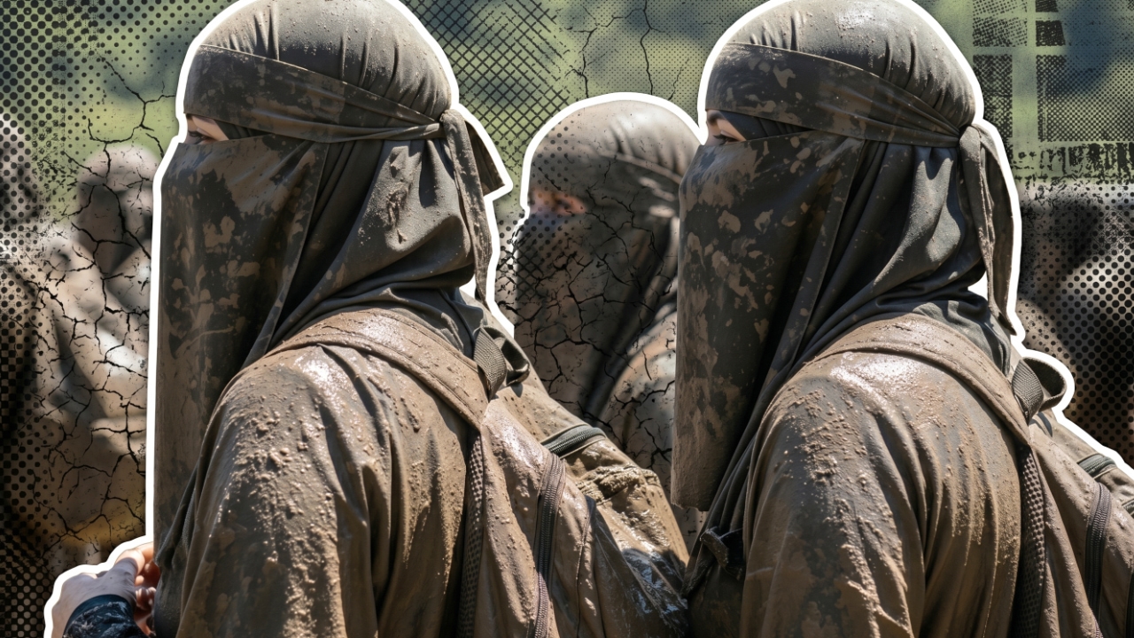 A group of muddy Muslim women take stock ahead of their next obstacle during their challenge