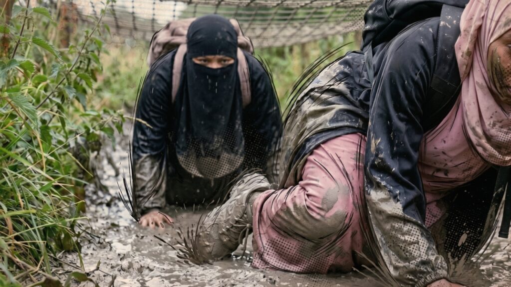 Two Muslim women crawl under cargo netting during their Trials & Tribulations challenge.